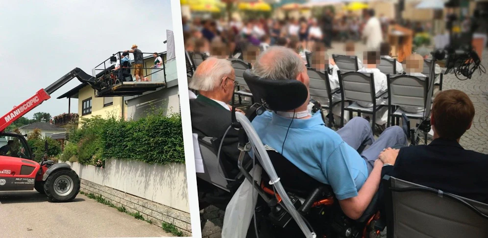 Ein Kran holte Herrn W. samt Rollstuhl vom 1. Stock seines Hauses ab, anschließend ging's zur Erstkommunion des Sohnemannes.