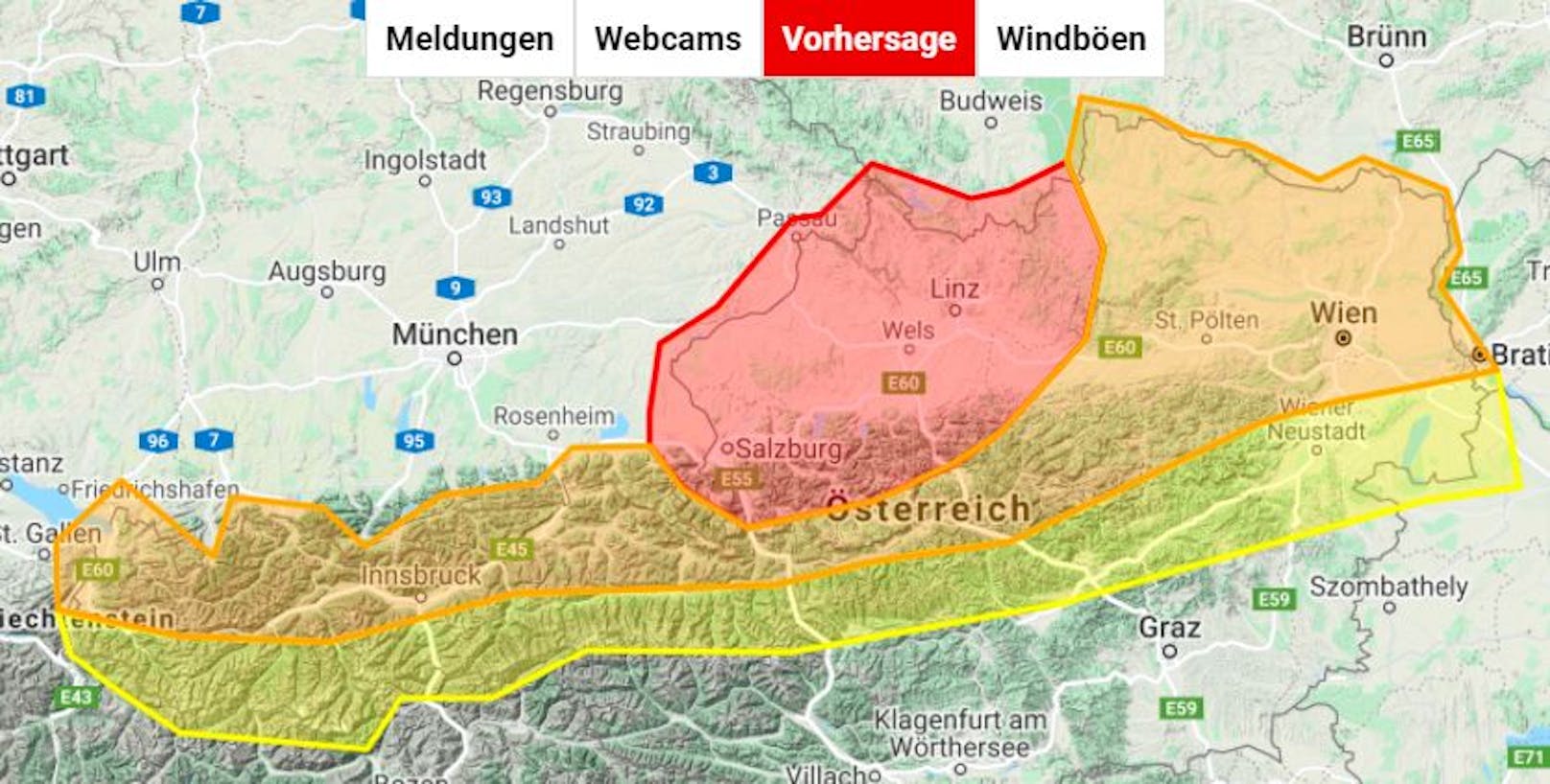 Aktuelle Unwetter-Warnung für Österreich, gültig ab Dienstag Mittag (22. Juni) bis Mittwoch Früh (23.).