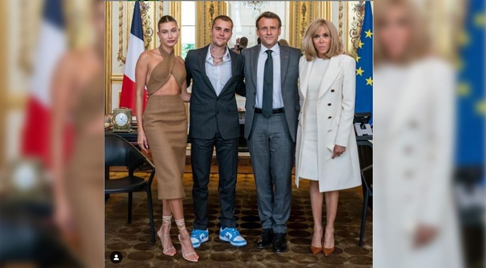 v.l.n.r. Hailey Bieber, Justin Bieber, Emmanuel Macron, Brigitte Macron 