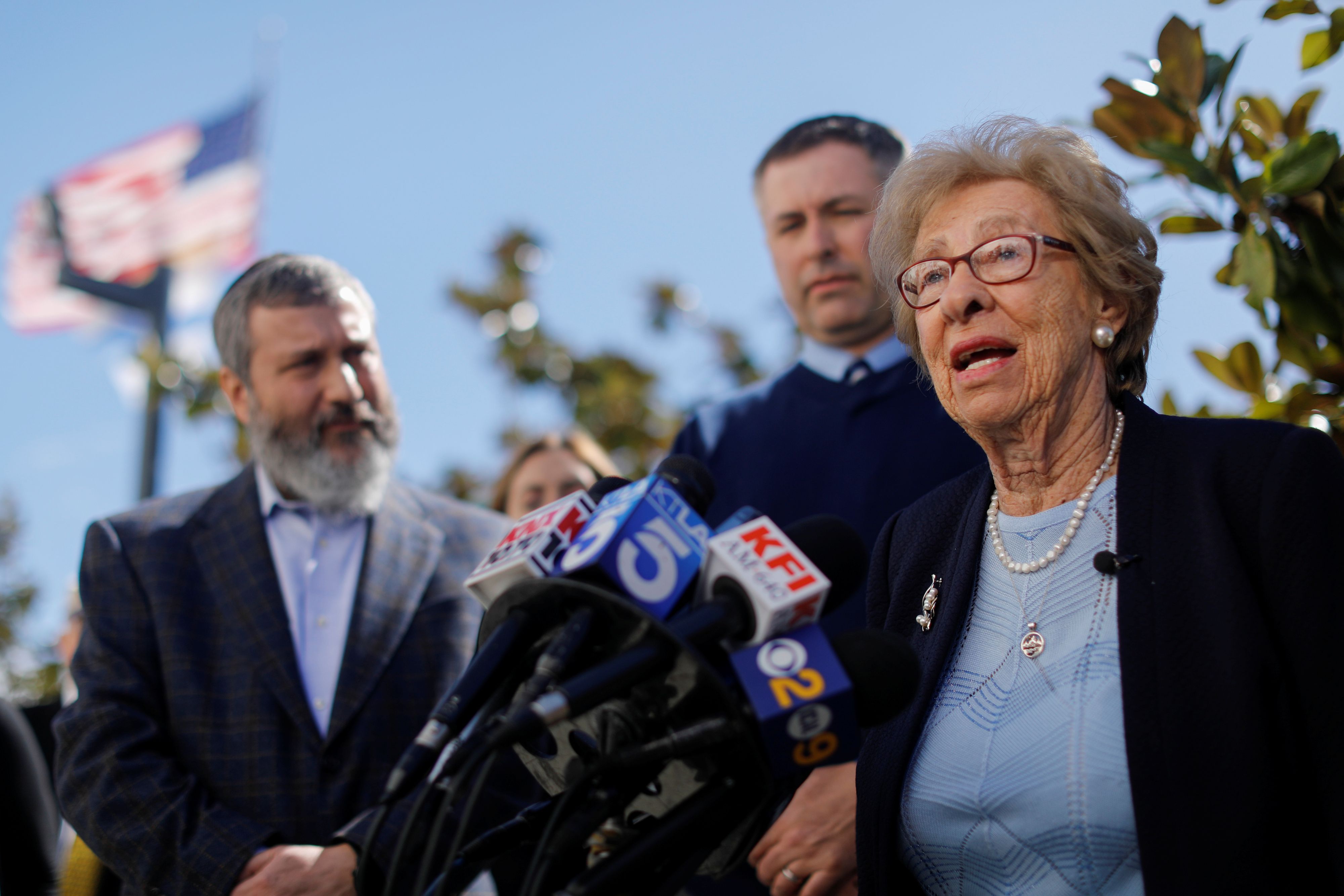 Auschwitz survivor Eva Schloss, stepsister of Holocaust diarist Anne Frank, talks to the media at Newport Harbor High School after speaking with a group of students seen in viral online photos giving Nazi salutes over a swastika made of red cups that sparked outrage in Newport Beach, California, U.S., March 7, 2019. REUTERS/Mike Blake