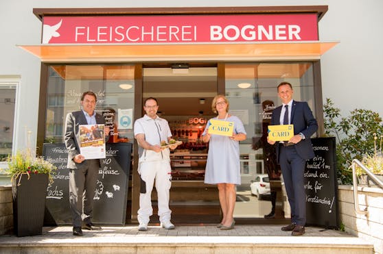 Wolfgang Ecker – Präsident der Wirtschaftskammer NÖ, Michael Bogner - Fleischermeister Fleischerei Bogner, Marion Boda – Geschäftsführerin der Niederösterreich CARD, Wirtschafts- und Tourismuslandesrat Jochen Danninger.