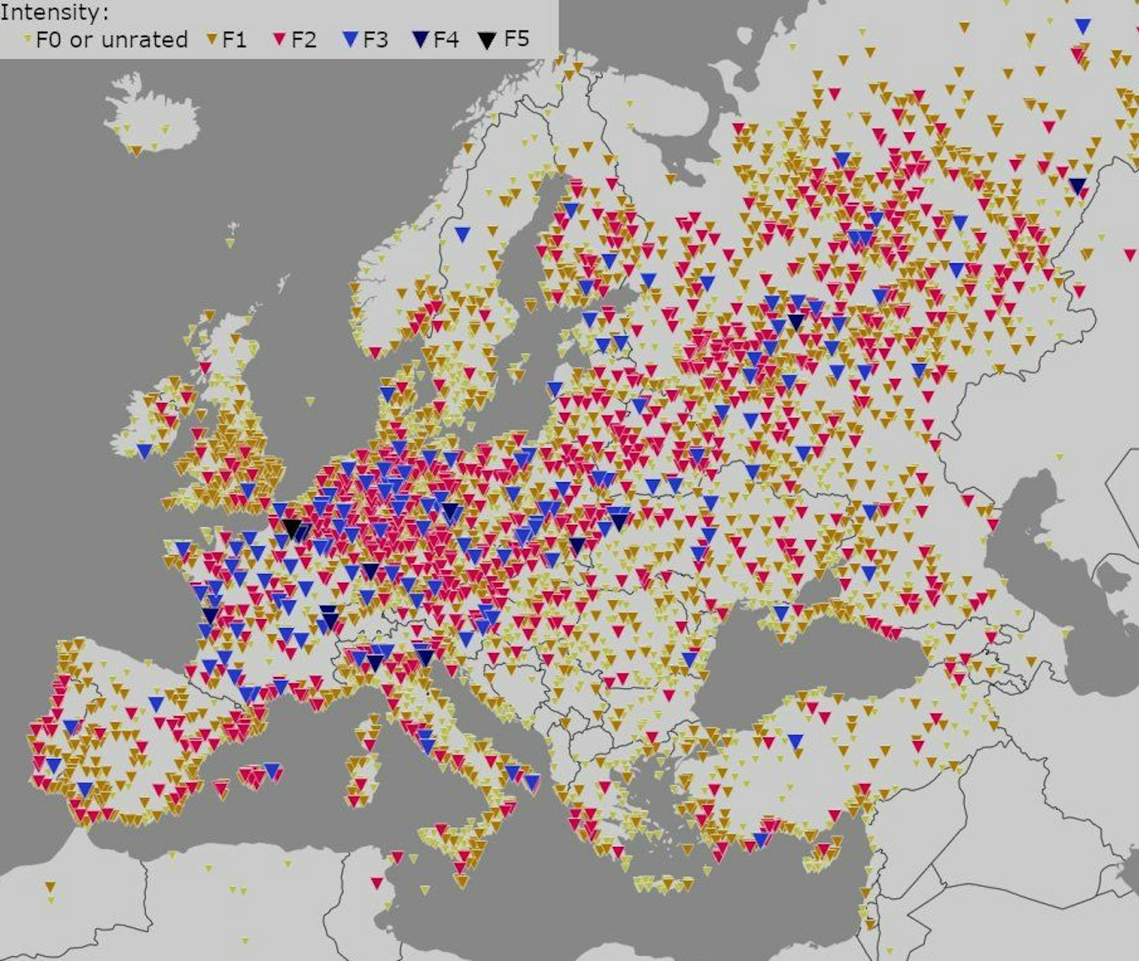 Tornados in Europa zwischen 1950 und 2020. 329 davon wurden als "stark" (F2 oder höher) registriert, nur zwei erreichten die höchsten Stufen F4 oder F5.