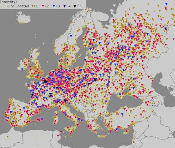 Tornados in Europa zwischen 1950 und 2020. 329 davon wurden als "stark" (F2 oder höher) registriert, nur zwei erreichten die höchsten Stufen F4 oder F5.