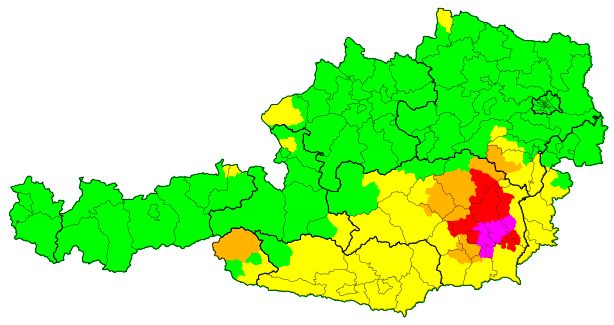 Unwetter-Warnungen für Österreich am Freitag, 25. Juni. Stand 15 Uhr.