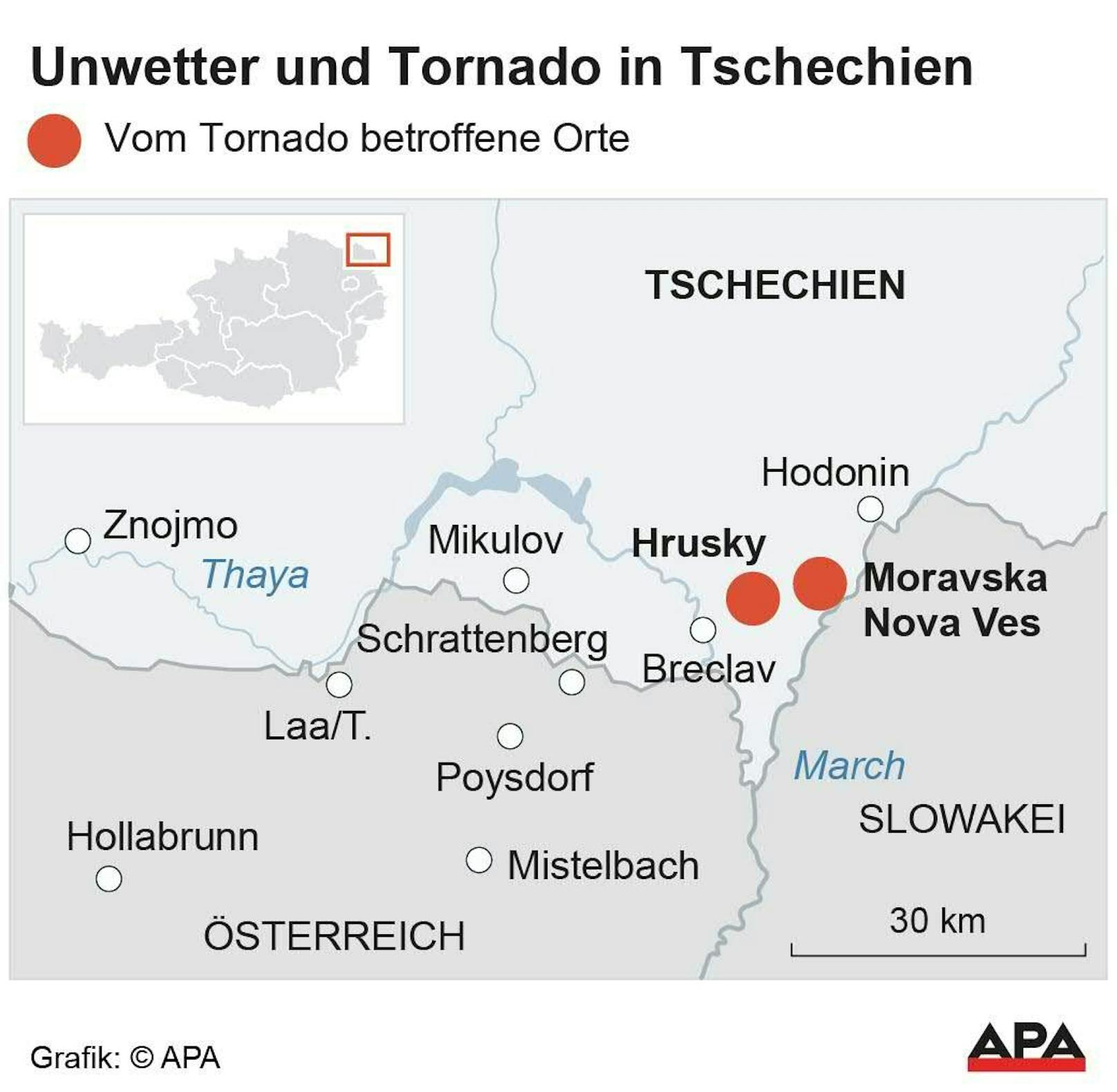 Hier wütete der Tornado - an der tschechisch-österreichischen Grenze.