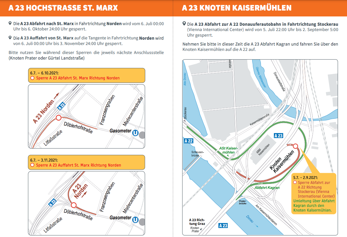 Die Umleitungen für die Sperren Knoten Kaisermühlen und St. Marx.