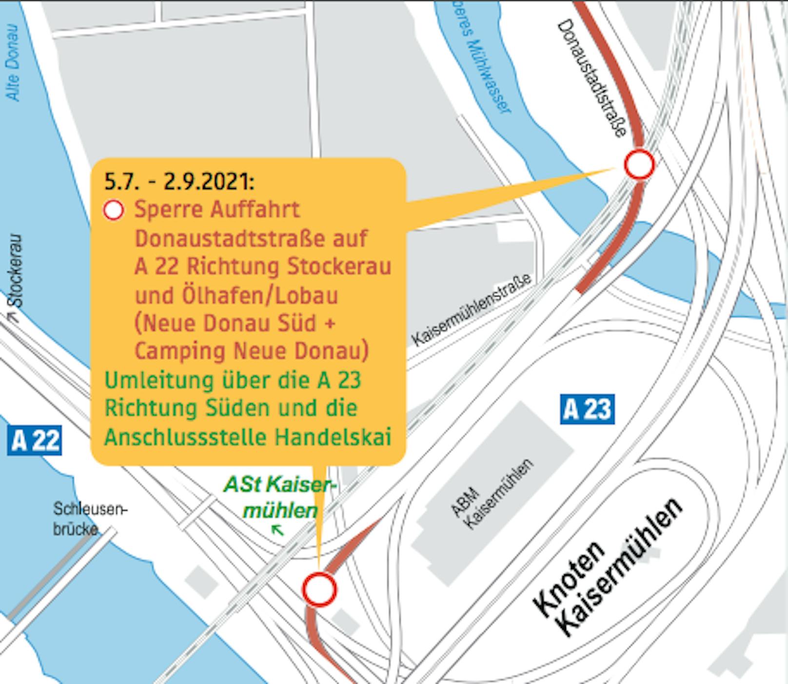 Wegen der Sperre der A22-Auffahrt von Donaustadt wird der Verkehr über die A23 umgeleitet.