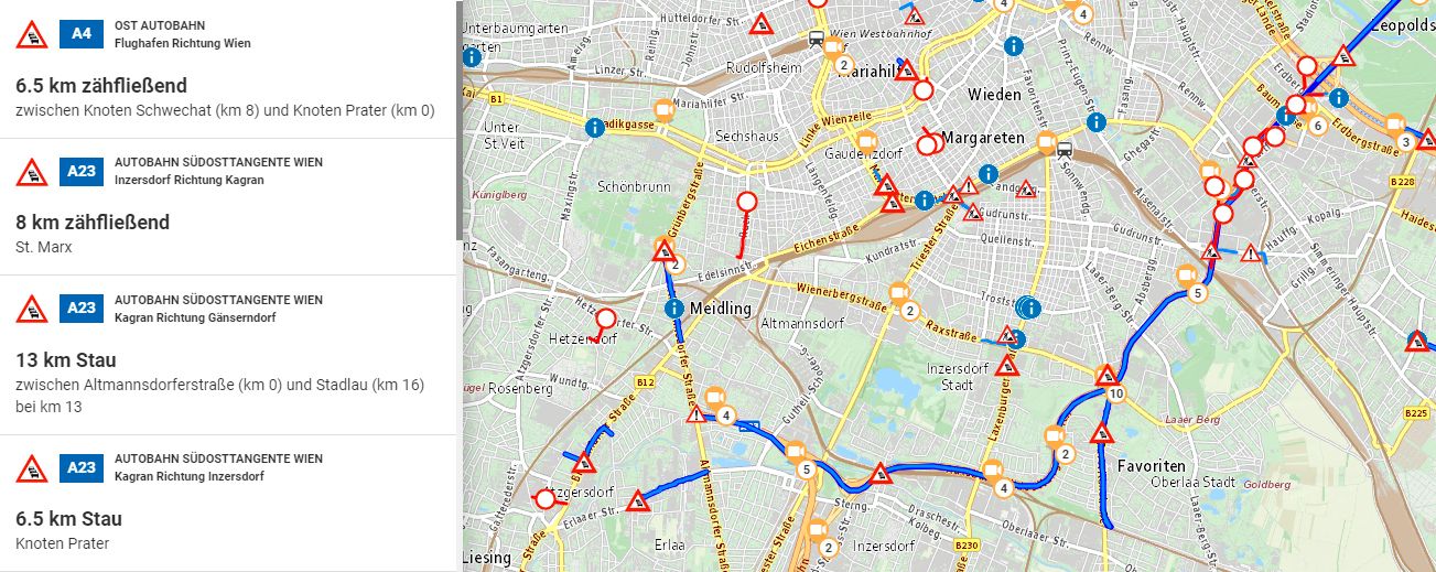 Staukarte der Asfinag: eine riesige Kolonne blockiert die A23 Richtung Norden