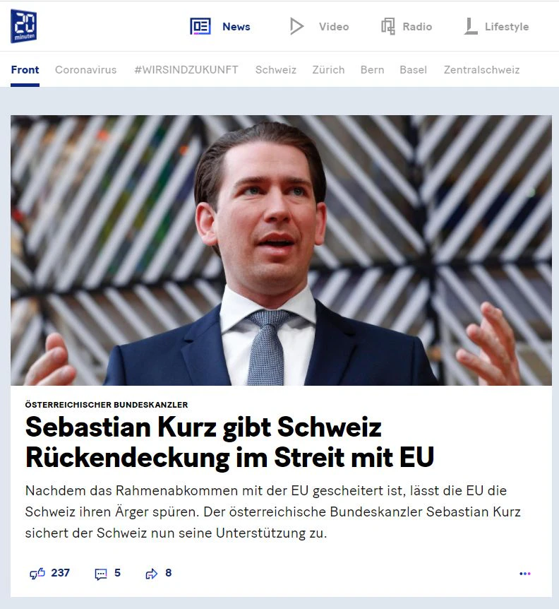 Die Startseite von "20 Minuten": Sebastian Kurz im Großformat.