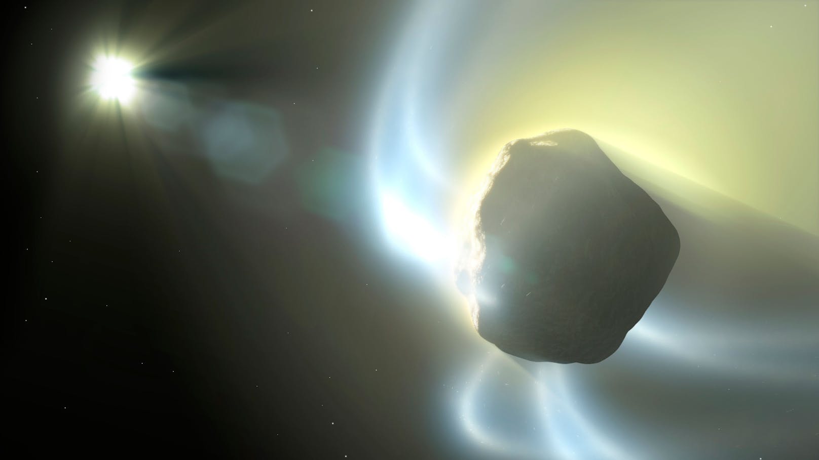 Illustration eines Kometen im Anflug auf die Sonne.