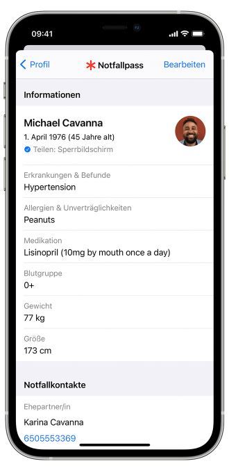 Öffne die Health-App, und tippe auf den Tab "Übersicht". Tippe oben rechts auf dein Profilbild . Tippe unter deinem Profilbild auf "Notfallpass". Tippe oben rechts auf "Bearbeiten". Um deinen Notfallpass auf deinem iPhone vom Sperrbildschirm aus verfügbar zu machen, aktiviere "Im Sperrzustand zeigen". Aktiviere die Option "Während eines Notrufs teilen", um deinen Notfallpass für Rettungskräfte freizugeben. Tippe auf "Fertig".