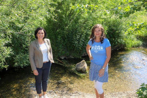 Bundesministerin Elisabeth Köstinger und Innovationsstadträtin Ulli Sima nutzen die Eröffnung des "B.A.C.H.L." für eine Abkühlung im Wienerwaldbach.