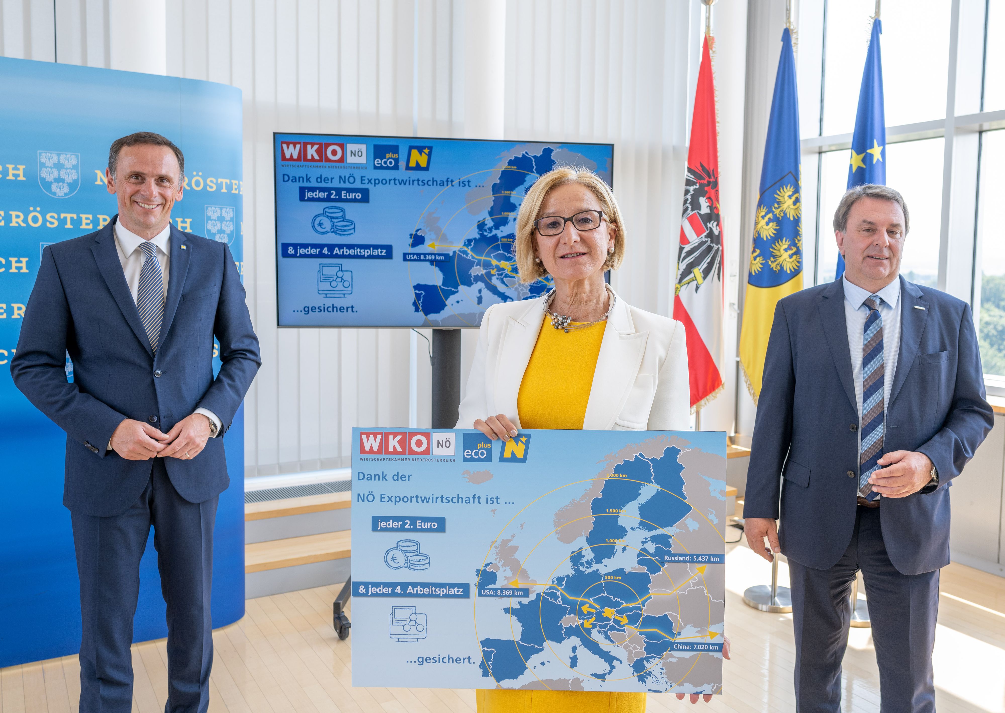 Landeshauptfrau Johanna Mikl-Leitner, Landesrat Jochen Danninger (links) und WKNÖ-Präsident Wolfgang Ecker präsentierten die neue Export- und Internationalisierungsstrategie 2027