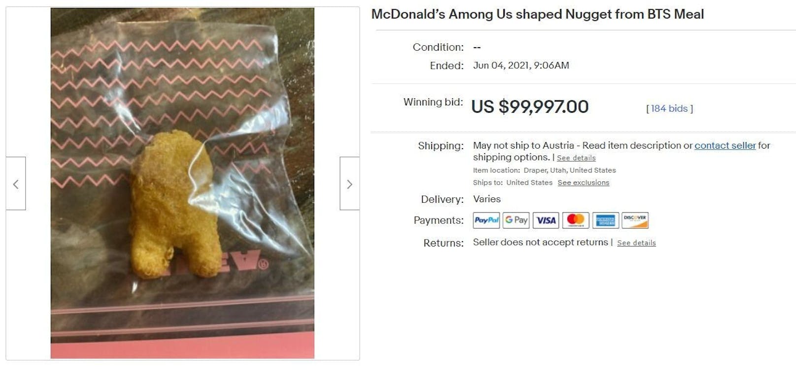 Prost, Mahlzeit! Ein Chicken McNugget wurde um knapp 100.000 US-Dollar versteigert.