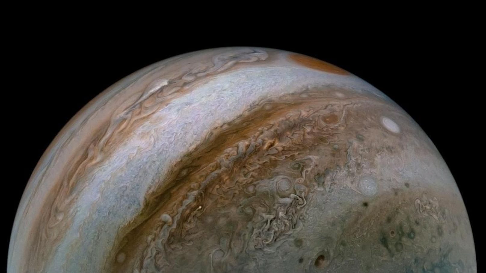 Die Juno-Mission der Nasa brachte auch dieses Foto hervor. Es zeigt die südliche Hemisphäre des Jupiters am 17. Februar 2020.