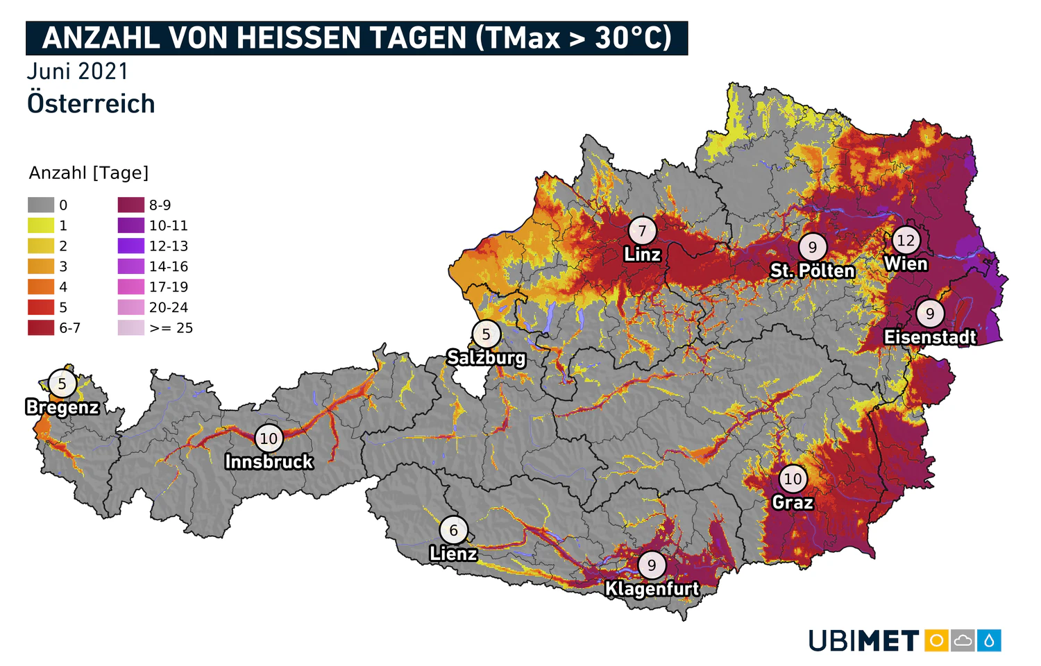 Anzahl der Hitzetage im Juni 2021