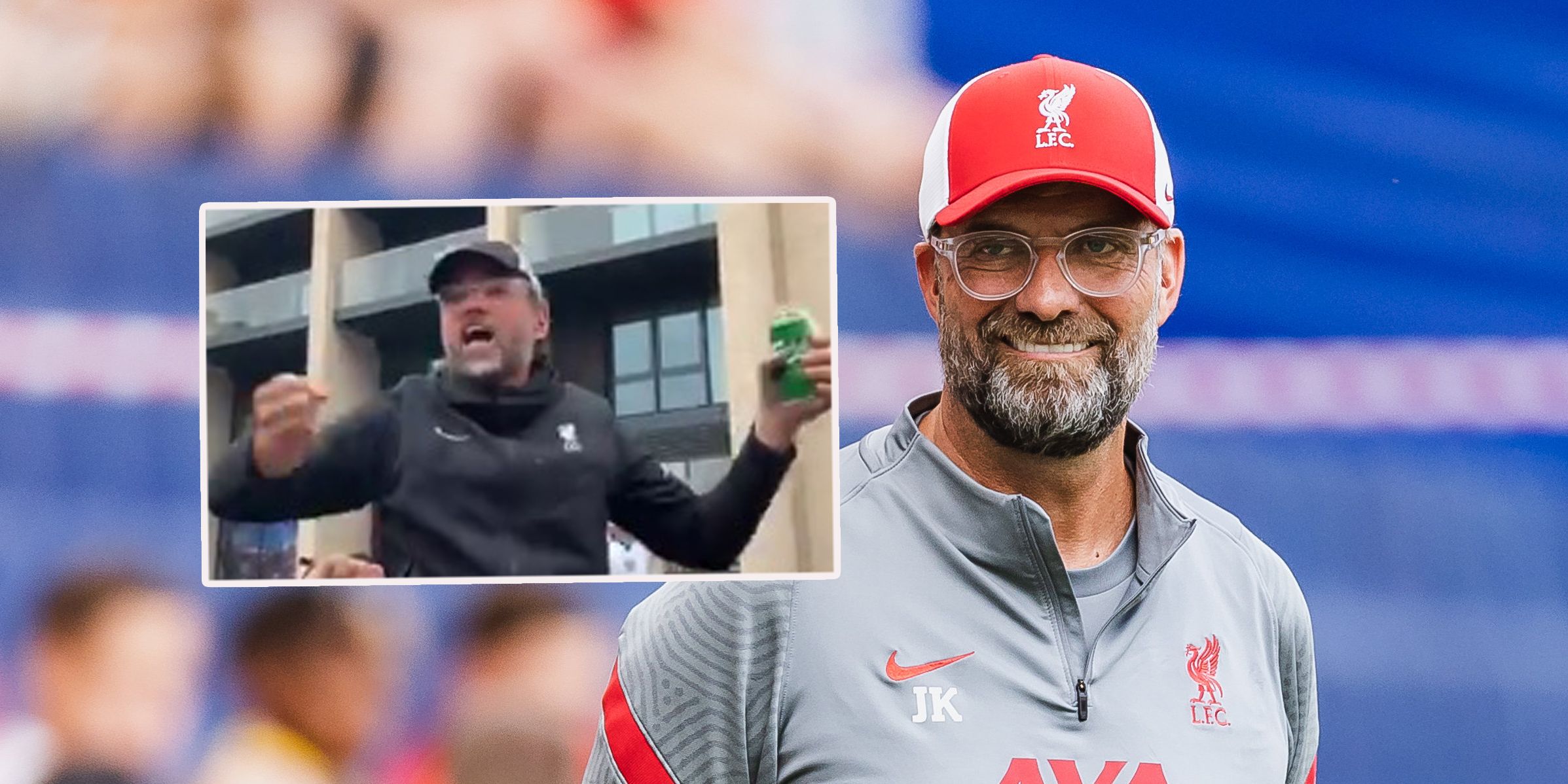 Rechts der echte Jürgen Klopp, links sein feiernder Doppelgänger vor dem Wembley Stadion.