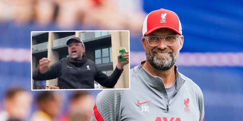 Rechts der echte Jürgen Klopp, links sein feiernder Doppelgänger vor dem Wembley Stadion.