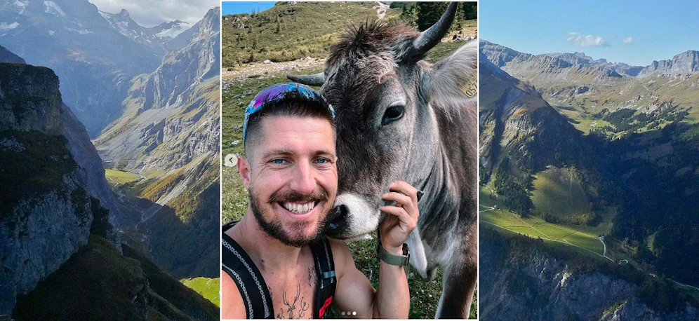 Marcel Hirscher posiert mit einer Kuh
