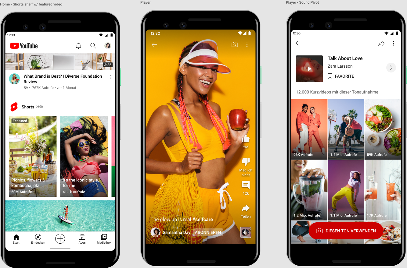 Shorts-Rubrik, Clip. Auch in Videos verwendete Songs werden angezeigt (von links).