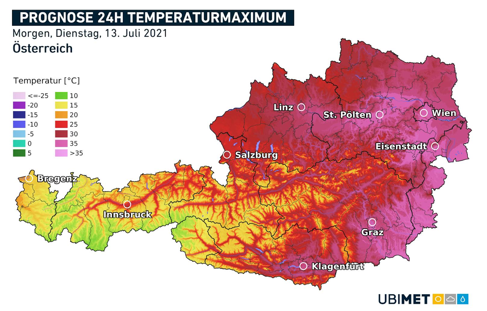 So heiß wird es am Dienstag in Österreich.