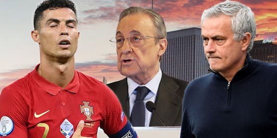 Cristiano Ronaldo, Florentino Perez und Jose Mourinho.