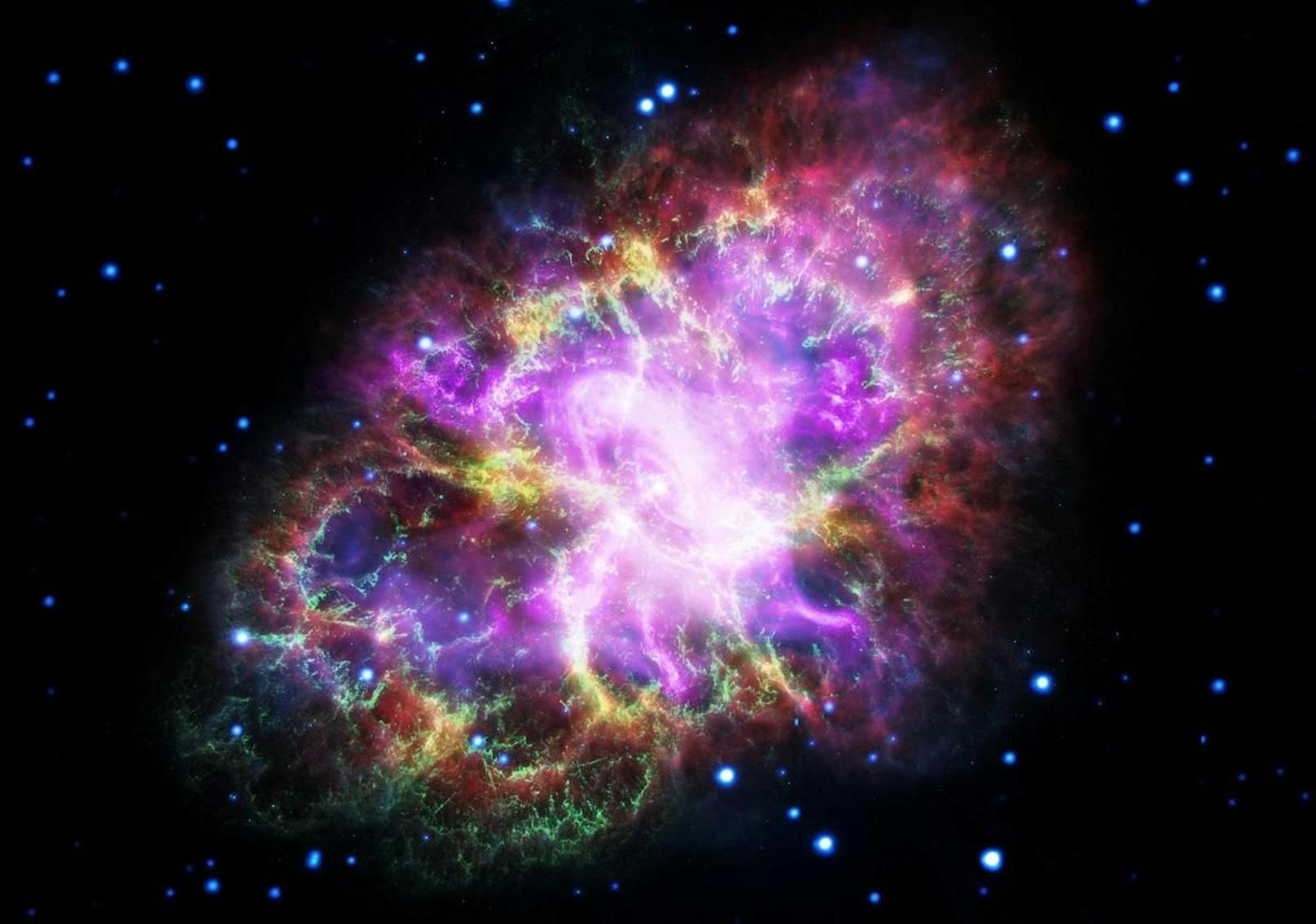 Mit Hilfe von vier weiteren Teleskopen hat das Hubble-Teleskop dieses Foto des sogenannten Krebsnebels, einem Überbleibsel einer Supernova, aufgenommen.