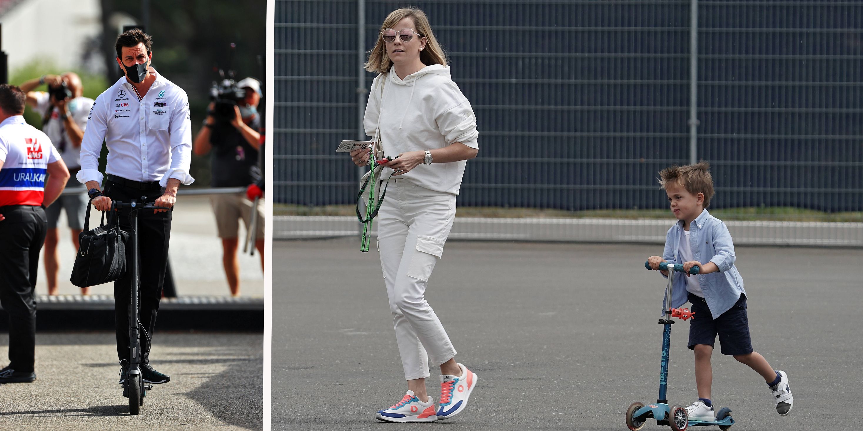 Toto Wolff fährt mit dem Roller ins Mercedes-Motorhome, Sohnemann Jack tut es ihm auf dem Weg zur Strecke neben Susie Wolff gleich. 