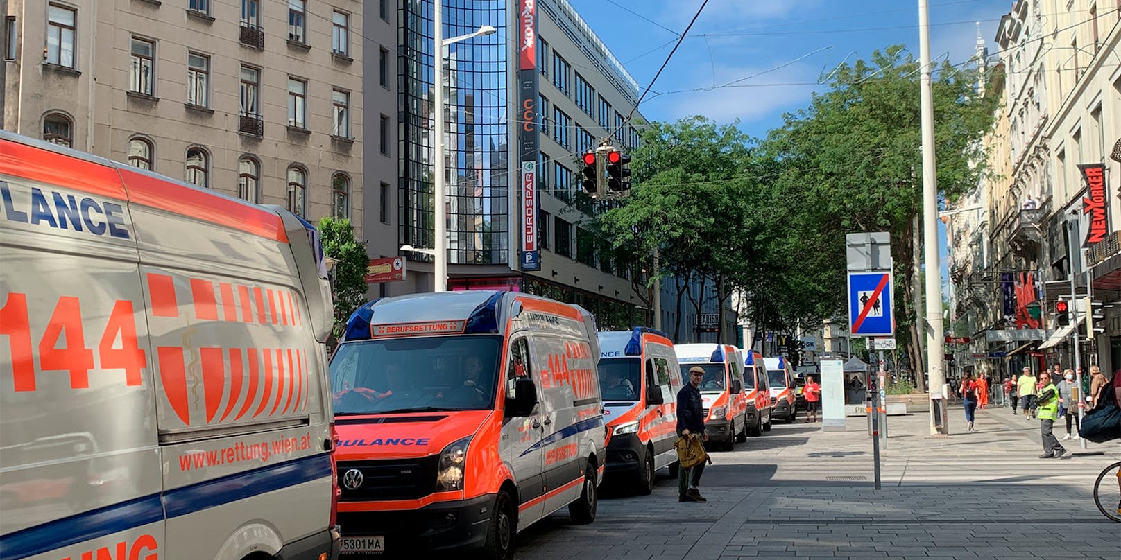 Etwa 18 Rettungsautos verschiedener Organisationen protestierten rollend auf der Mariahilfer Straße.