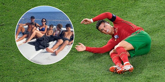 Ein liegender Ronaldo: rechts bei der EM, links auf einer Yacht