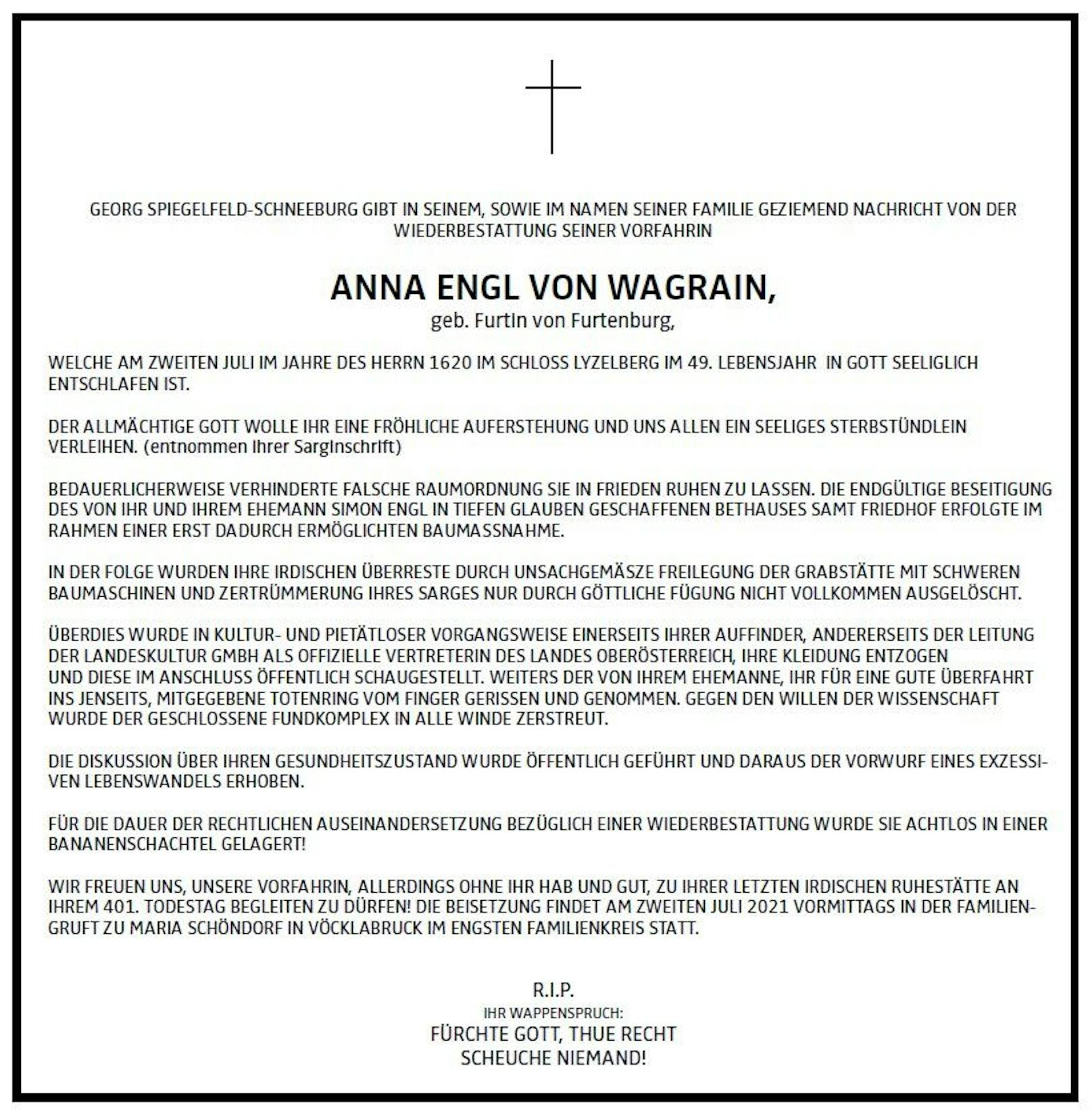 Vor über 400 Jahren verstarb Anna Engl, jetzt erschien diese Todesanzeige in den Oberösterreichischen Nachrichten.