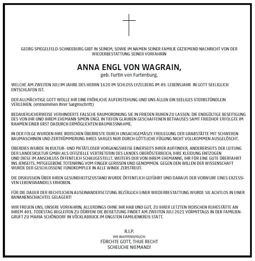 Anna Engl starb vor mehr als 400 Jahren, ein Nachfahre gab jetzt eine Todesanzeige auf.