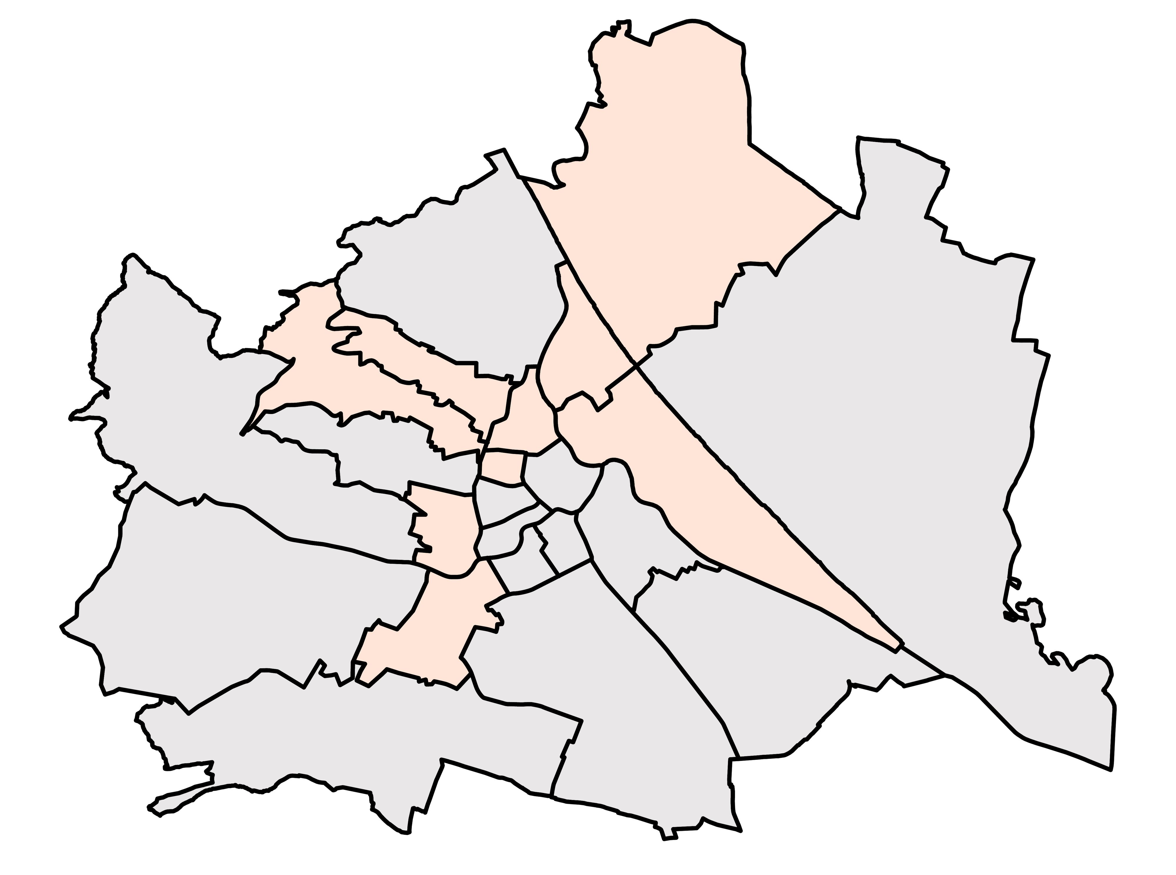 Die aktuelle Corona-Karte für Wien: hellgrau sind Bezirke mit Inzidenz 0-20, beige jene mit Inzidenz 20-50
