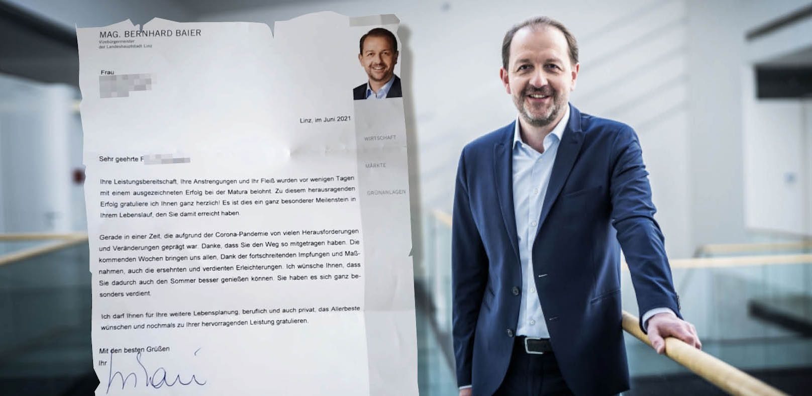 Mit diesem Glückwunschschreiben sorgte Linz-Vize Bernhard Baier (ÖVP) erst für Verwunderung bei einer Maturantin – und dann für ziemlichen Ärger bei der Linzer SPÖ.
