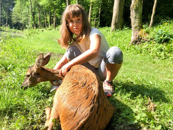 Die 8-jährige Leonie Berthold-Berger aus Aurolzmünster entdeckte das Reh im Teich, holte ihren Papa zu Hilfe.