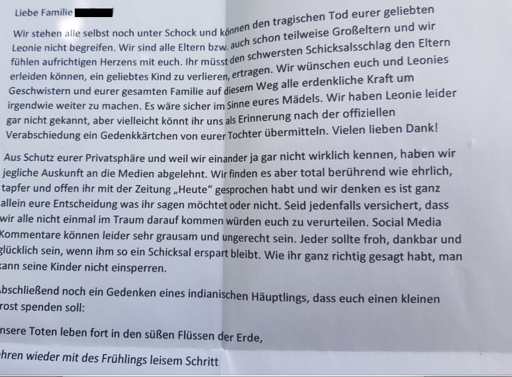 Brief der Nachbarn an Leonies Eltern