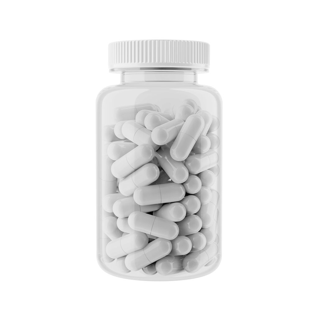 Clear Glossy Plastic Bottle with White Cap and black capsules, Isolated on white background. Supplement Jar, Sport Nutrition, Medical or Cosmetic concept for your mockup design. 3d render.