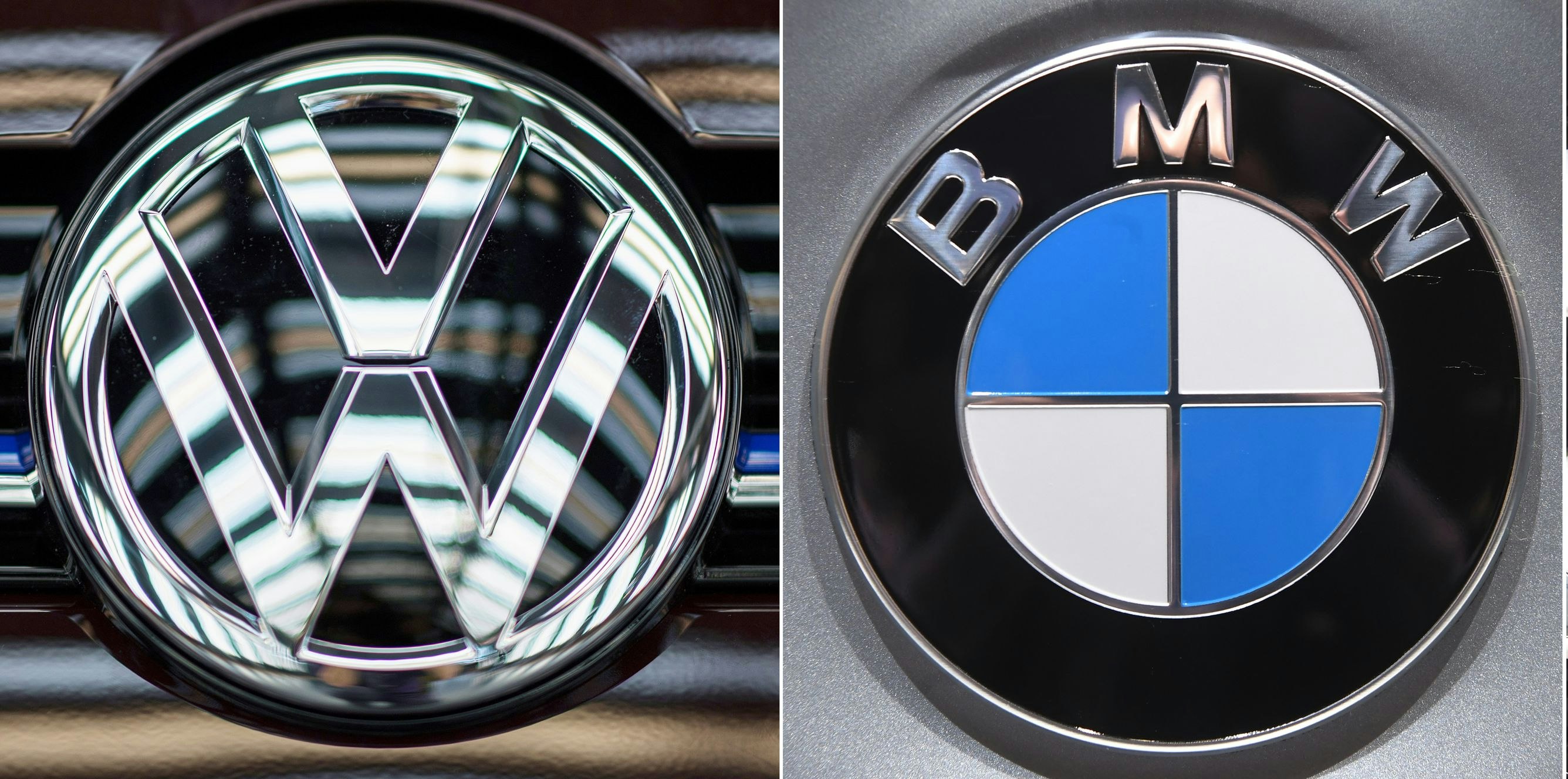 Download von www.picturedesk.com am 08.07.2021 (12:52).  FILED - 01 January 2018, ---, --: KOMBO - A VW logo (l-r) a BMW logo and a Mercedes star. According to the findings of the EU competition authorities, the car manufacturers BMW, Daimler and VW have entered into illegal agreements on exhaust purification technologies. This was announced by the EU Commission on 5 April 2019 in Brussels on the basis of a preliminary result of the investigations. Photo: Monika Skolimowska/Uli Deck/ZB/dpa/dpa - 20180101_PD7483 - Rechteinfo: Rights Managed (RM)