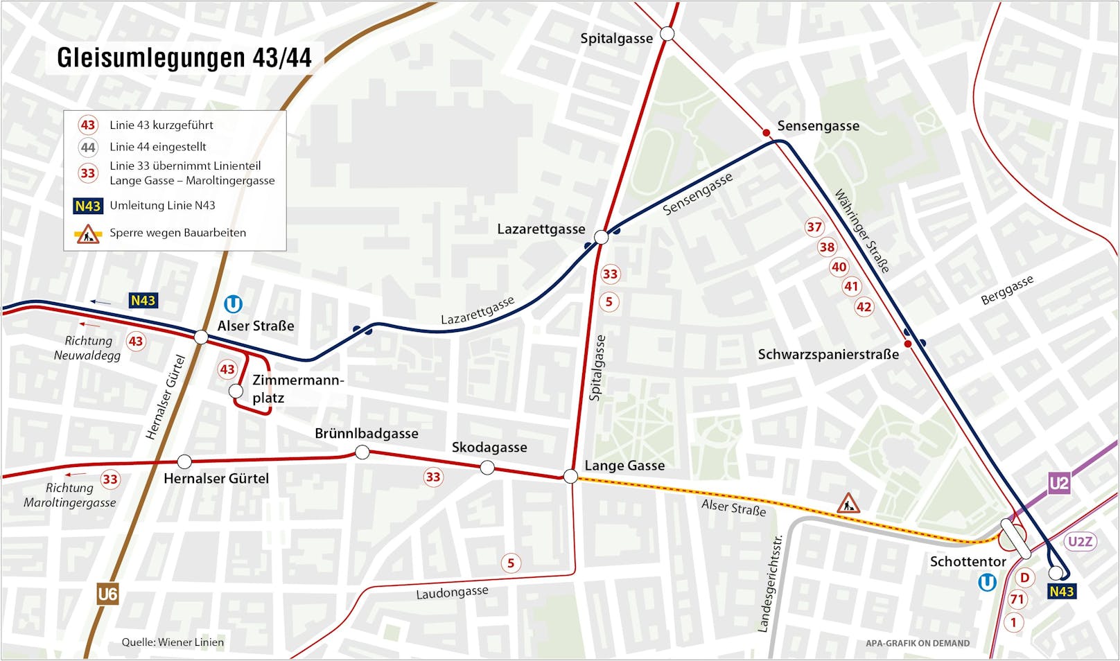 Neue Gleisstrecke für Linien 43 und 44 auf Tunneldecken der U5 und U2