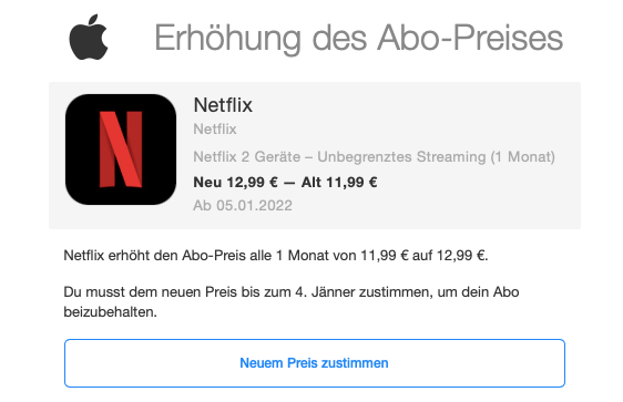 Diese Mail bekamen Netflix-Nutzer, die ihr Abo über Apple abwickeln.