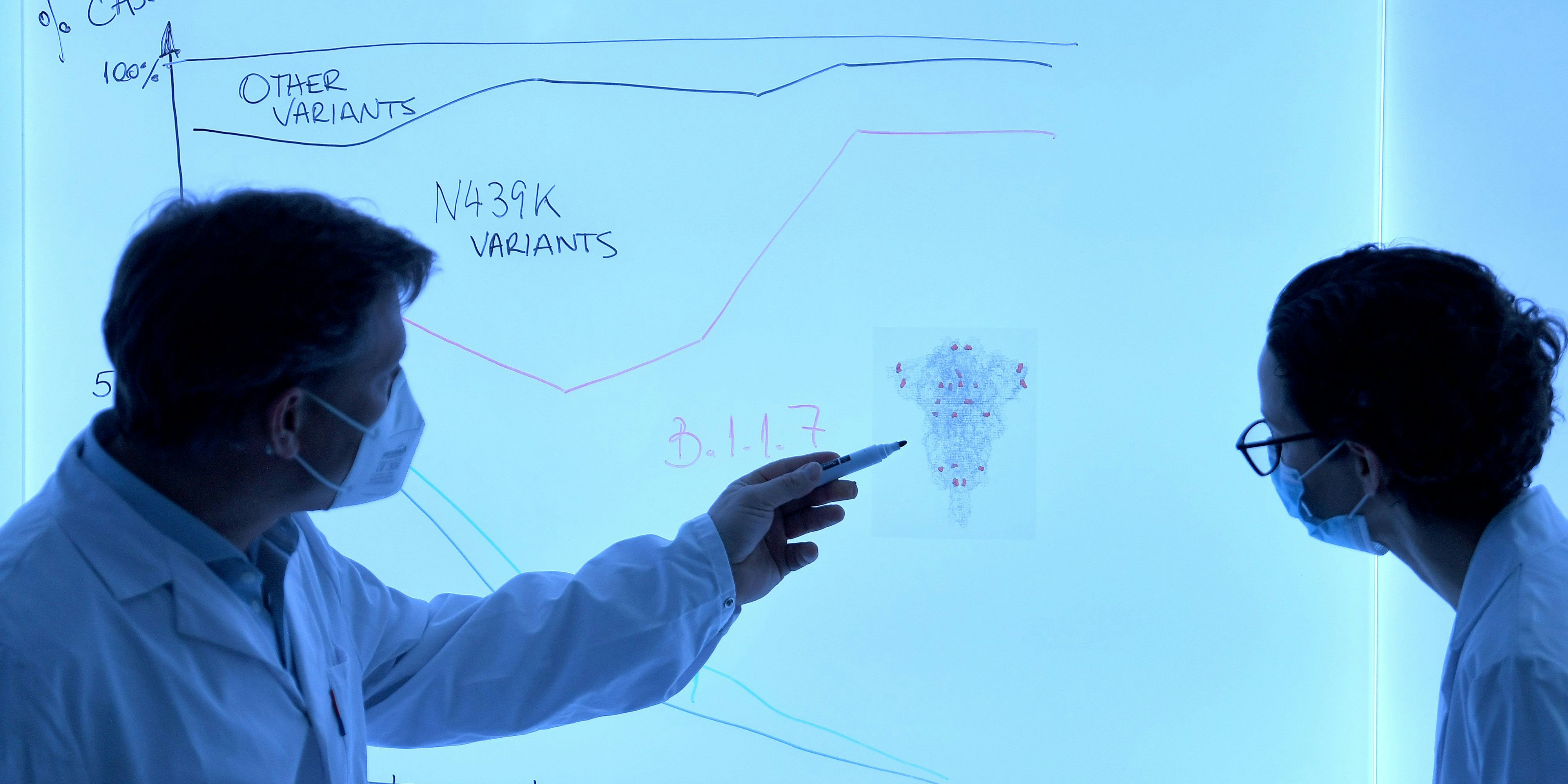 ABD0012_20210303 - WIEN - ÖSTERREICH: ++ THEMENBILD ++ Die "Mutantenjäger" Luisa Cochella und Ullrich Elling mit einer Grafik, welche die prozentuale Verteilung verschiedener Corona-Mutationen zeigt. (Archivfoto)