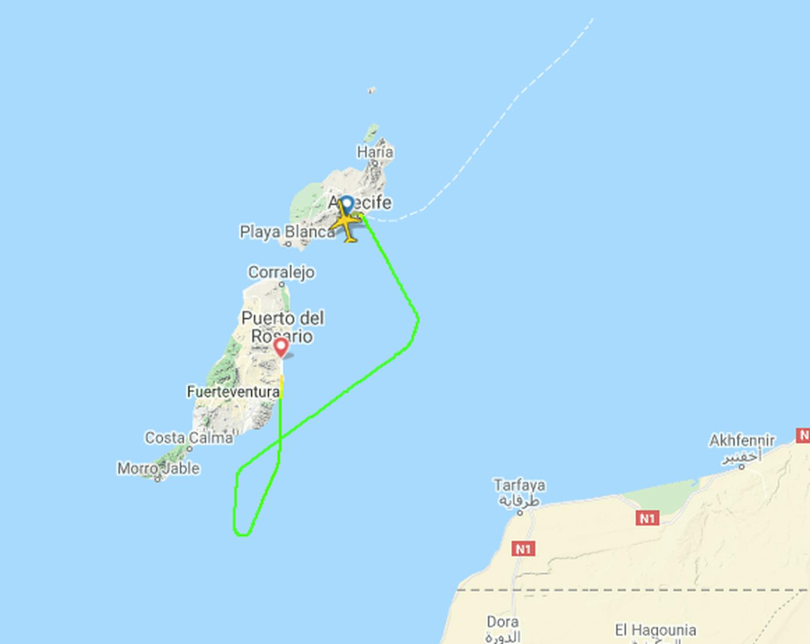 Auf Flightradar24 ist die Flugroute zu erkennen. Statt nach Hamburg flog DE1439 nach Fuerteventura.