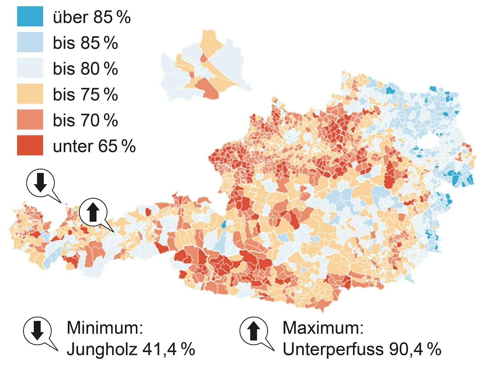 <strong>Impfquote in den Gemeinden Österreichs</strong>. Quelle: Gesundheitsministerium