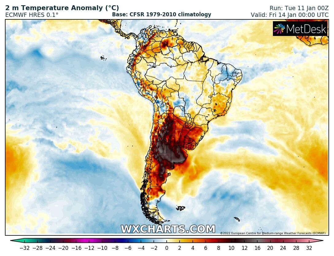 Abweichung der 2m-Temperatur von der Jahreszeit entsprechenden Werten am 14.01.2022