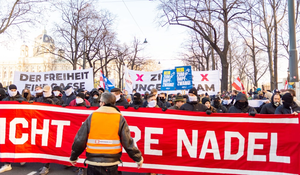 Besonders auf Demonstrationen gegen die Impfpflicht werden Verschwörungstheorien verbreitet.