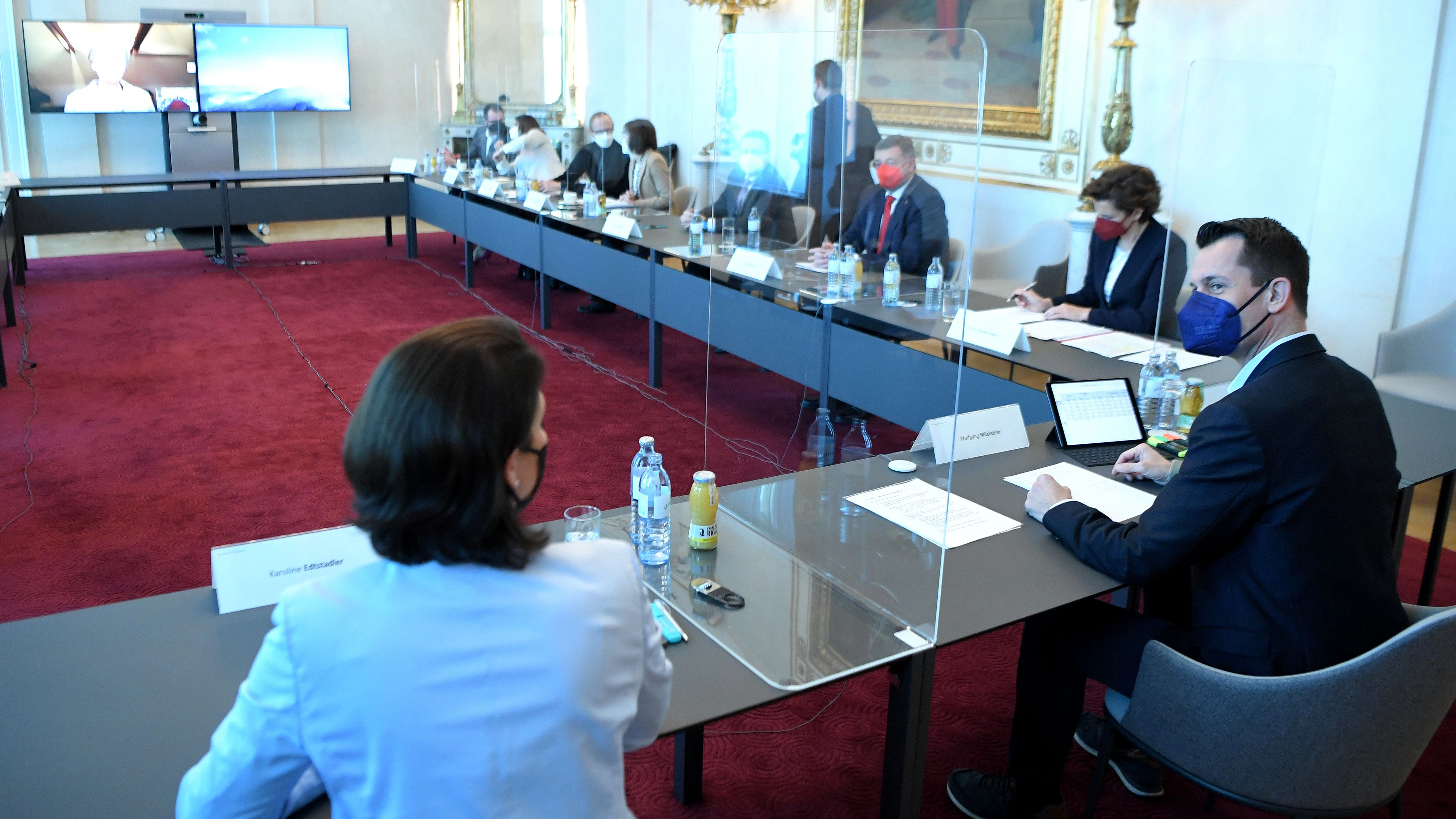 Verfassungsministerin Edtstadtler und Gesundheitsminister Wolfgang Mückstein - hier mit Expertinnen und Experten im Kanzleramt (Archivfoto)