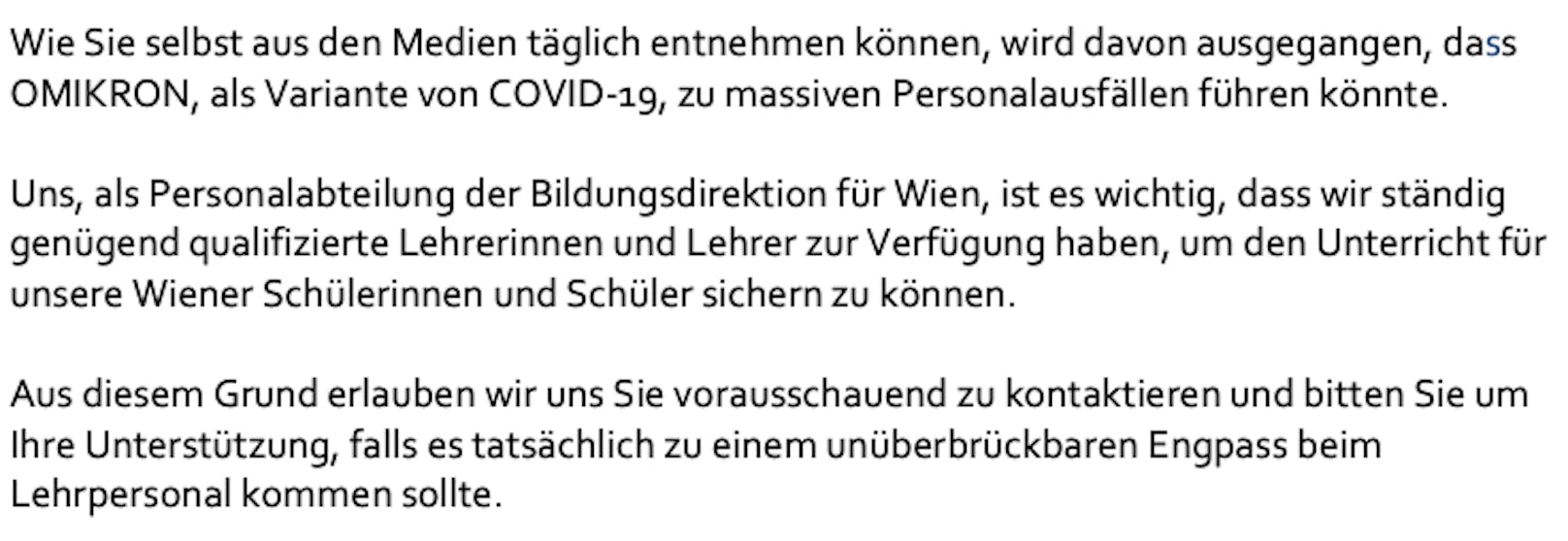 Die Wiener Bildungsdirektion schickte einen Brief an Lehramtsstudenten und pensionierte Pädagogen.