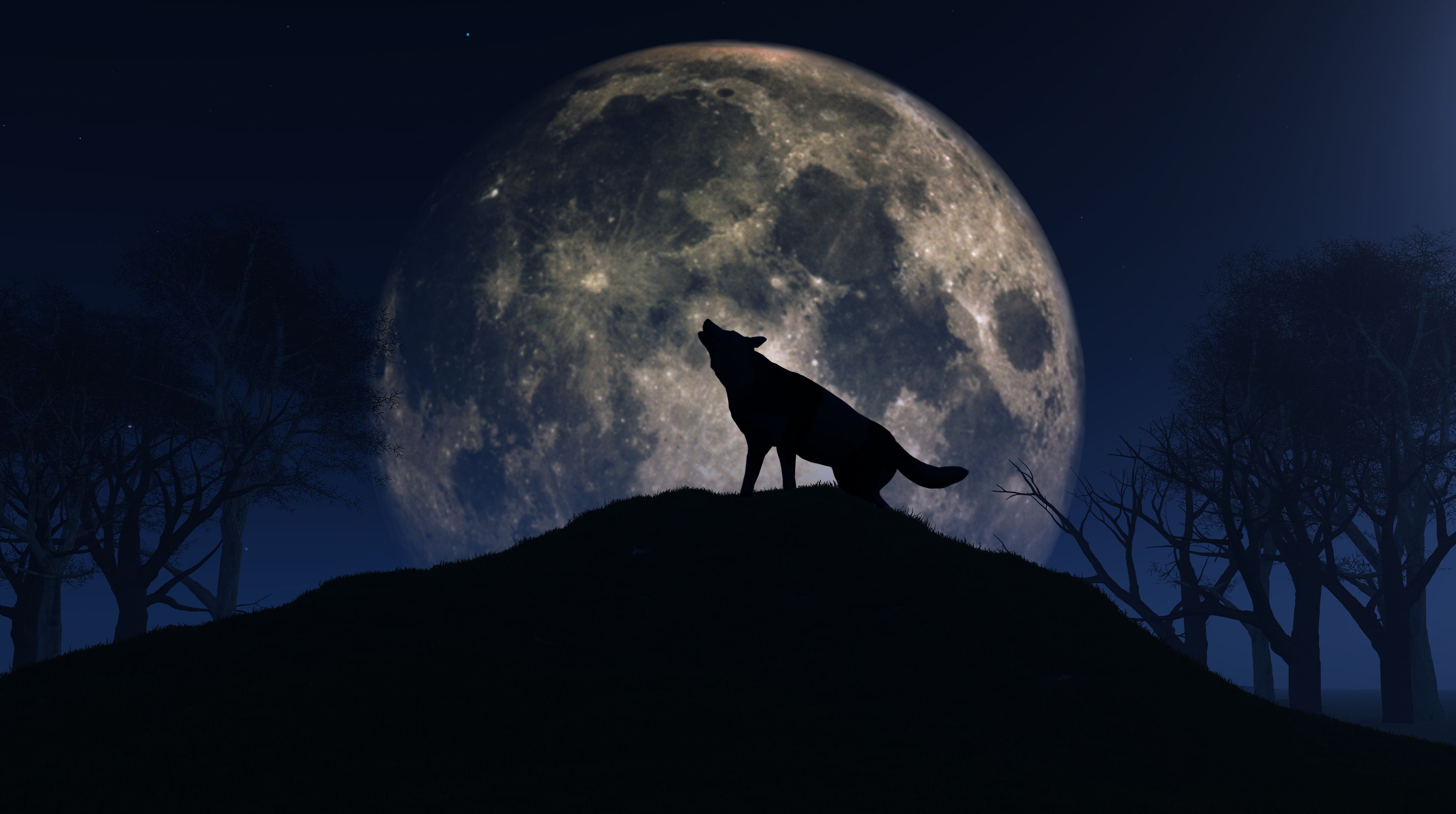 3D render of a wolf howling at the moon