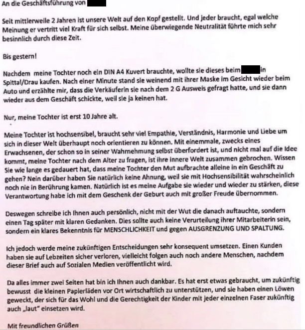 Per Brief wandte sich der Vater des Mädchens an die Geschäftsleitung.