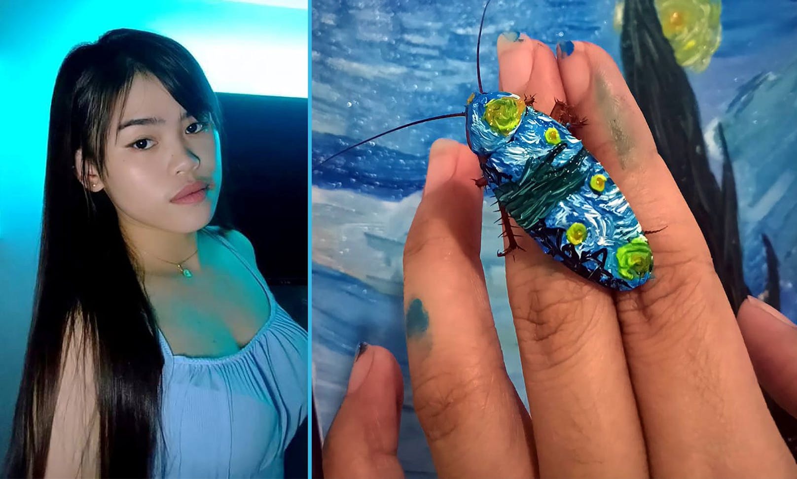 Die 30-jährige Brenda Delgado bemalt tote Kakerlaken mit berühmten Motiven. <br>
